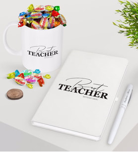 BK Gift Kişiye Özel En İyi Öğretmen Beyaz Defter Kalem Şekerli Kupa Seti-17 (Model 1)