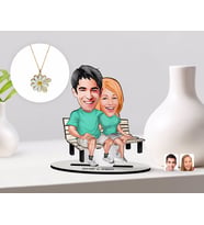 BK Gift Kişiye Özel Sevgililer Karikatürlü 3D Ahşap Biblo ve Çift İsimli Papatya Kolye Seti-55 (Model 1)