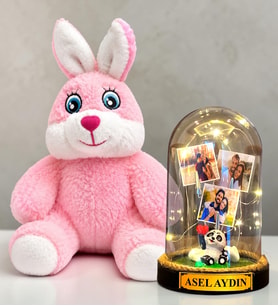 Kişiye Özel 3 Fotoğraflı LED Işıklı Fanus ve Pembe Peluş Tavşan Hediye Seti (pandalı)