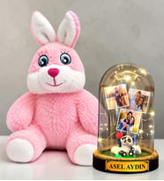Kişiye Özel 3 Fotoğraflı LED Işıklı Fanus ve Pembe Peluş Tavşan Hediye Seti (pandalı)
