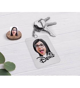 BK Gift Kişiye Özel Kadın Yüz Karikatürlü Şeffaf Pleksi Anahtarlık-2 (Beyaz)