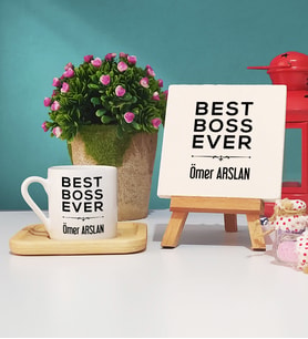 Patrona Hediye Best Boss Ever Tasarımlı Patron Ahşap Altlıklı Türk Kahvesi Fincanı ve Dekoratif Taş Baskı