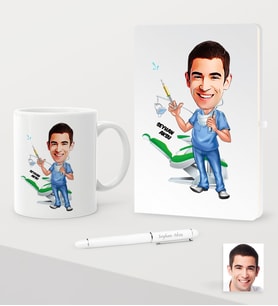 BK Gift Kişiye Özel Bay Diş Hekimi Karikatürlü Beyaz Defter Kalem Kupa Seti - 4 (Model 1)