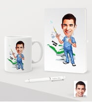 BK Gift Kişiye Özel Bay Diş Hekimi Karikatürlü Beyaz Defter Kalem Kupa Seti - 4 (Model 1)