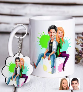 BK Gift Kişiye Özel Sevgililer Karikatürlü Beyaz Kupa ve Anahtarlık Hediye Seti-35 (Model 1)