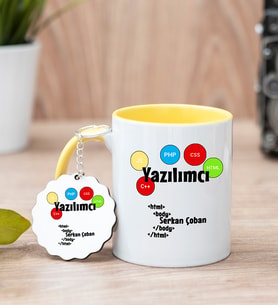 Yazılımcı Sarı Kupa Bardak Ve Anahtarlık Set
