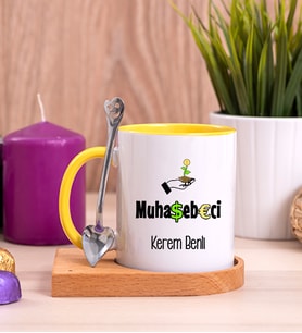Muhasebeci Ahşap Altlıklı Sarı Kupa Bardak