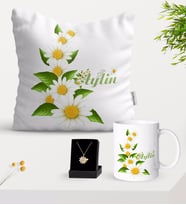 BK Gift Kişiye Özel Papatya Temalı Yastık Kupa Ve Papatya Kolye Hediye Seti-8 (Model 1)