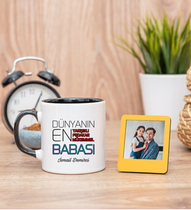 Dünyanın En İyi Babası Siyah Kupa Bardak ve Sarı Mini Fotoğraf Çerçevesi