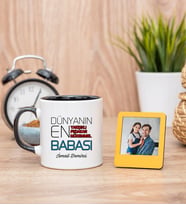 Dünyanın En İyi Babası Siyah Kupa Bardak ve Sarı Mini Fotoğraf Çerçevesi