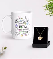 BK Gift Kişiye Özel Dünyanın En İyi Öğretmeni Beyaz Kupa ve Papatya Kolye Hediye Seti-8 (Model 1)