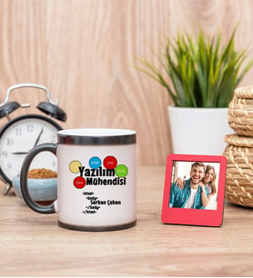 Yazılım Mühendisi Sihirli  Kupa Bardak ve Kırmızı Mini Çerçeve