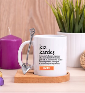 Kız Kardeş Kelime Anlamı Ahşap Altlıklı Beyaz Kupa Bardak