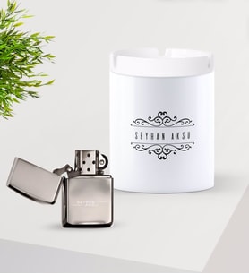 BK Gift Kişiye Özel İsimli Silver Benzinli Metal Çakmak ve Seramik Kül Tablası Seti-9 (Model 1)