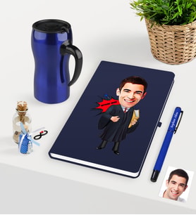 BK Gift Kişiye Özel Bay Avukat Karikatürlü Lacivert Defter Kalem ve Termos Mug Seti - 1 (Model 1)