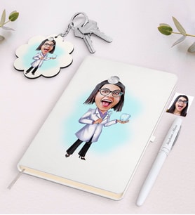 BK Gift Kişiye Özel Kadın Diş Hekimi Karikatürlü Beyaz Defter Kalem ve Anahtarlık Hediye Seti-1 (Model 1)