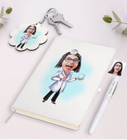 BK Gift Kişiye Özel Kadın Diş Hekimi Karikatürlü Beyaz Defter Kalem ve Anahtarlık Hediye Seti-1 (Model 1)