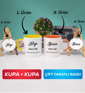 İkili Sarı Turuncu Sevgiliye Hediye İsme Özel Sevgililer Günü Hediyesi Kupa Bardak Anahtarlık Hediye Seti