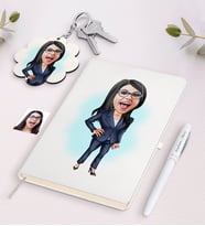 BK Gift Kişiye Özel Kadın Patron Karikatürlü Beyaz Defter Kalem ve Anahtarlık Hediye Seti-1 (Model 1)