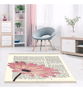 Gazete Papatya Çiçek Desenli Dijital Baskı Yıkanabilir Modern Salon Halı ve Yolluk (Bej)