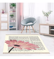 Gazete Papatya Çiçek Desenli Dijital Baskı Yıkanabilir Modern Salon Halı ve Yolluk (Bej)