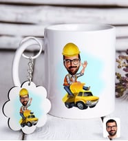 BK Gift Kişiye Özel Erkek Yol Mühendisi Karikatürlü Beyaz Kupa ve Anahtarlık Hediye Seti-1 (Model 1)