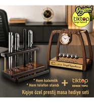 Ahşap El yapımı Masa üstü Newton Denge Topu + Kalem ve Telefon standı. 2' Lİ SET & Ofis Hediyesi Yeni İş