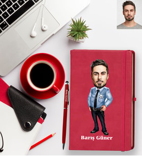 Kişiye Özel Polis Karikatürlü Kırmızı Defter Kalem Hediye Seti Bay-3