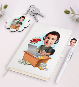 BK Gift Kişiye Özel Erkek Gamer Karikatürlü Beyaz Defter Kalem ve Anahtarlık Hediye Seti (Model 1)
