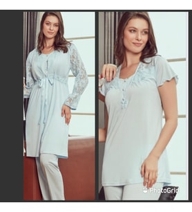 Bone Club 4902 MAVİ  Hamile Lohusa 3 Lü Dantel Kollu Pijama Sabahlık