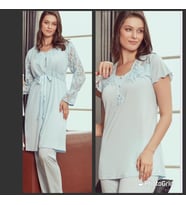 Bone Club 4902 MAVİ  Hamile Lohusa 3 Lü Dantel Kollu Pijama Sabahlık