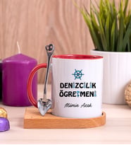 Denizcilik Öğretmeni Ahşap Altlıklı Kırmızı Kupa Bardak