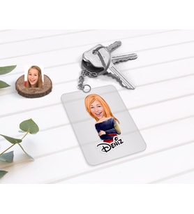 BK Gift Kişiye Özel Kadın Karikatürlü Şeffaf Pleksi Anahtarlık-12 (Beyaz)