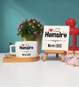 Hemşire Ahşap Altlıklı Fincan ve Dekoratif Taş Baskı Seti