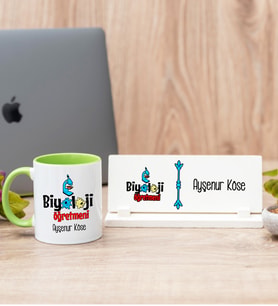 Biyoloji Öğretmeni Yeşil Kupa Bardak Ve Masa İsimliği Hediye Seti