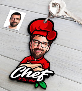 BK Gift Kişiye Özel Bay Chef Karikatürlü Ahşap Anahtarlık-10 (Çok Renkli)