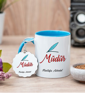 Müdür Mavi Kupa Bardak Ve Anahtarlık Set