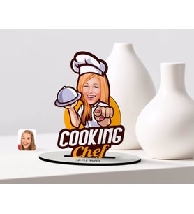 BK Gift Kişiye Özel Kadın Chef Karikatürlü Ahşap Biblo Model-15 (Beyaz)