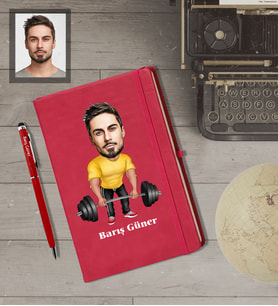 Kişiye Özel Sporcu Karikatürlü  Kırmızı Defter Kalem Hediye Seti Bay-7
