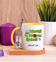 Teknoloji ve Tasarım Öğretmeni Ahşap Altlıklı Sarı Kupa Bardak
