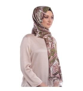 İpekevi Haki Paisley Desenli İpek Şal