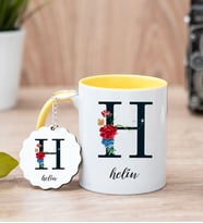 Baş Harfli Ve İsimli Sarı Kupa Bardak Ve Anahtarlık Set