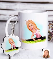 BK Gift Kişiye Özel Bayan Yoga Karikatürlü Beyaz Kupa ve Anahtarlık Hediye Seti-1 (Model 1)
