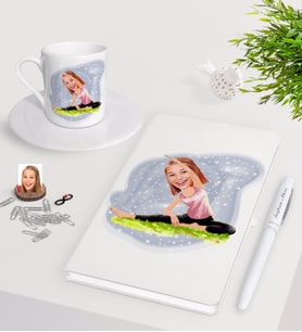 BK Gift Kişiye Özel Bayan Yoga Karikatürlü Beyaz Defter Kalem Türk Kahvesi Fincanı Seti-1 (Model 1)