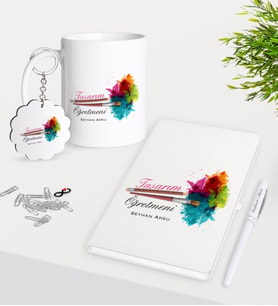 BK Gift Kişiye Özel Tasarım Öğretmeni Kupa Anahtarlık Beyaz Defter Kalem Hediye Seti-2 (Model 1)