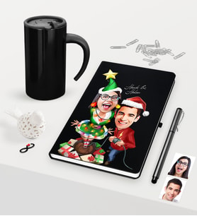 BK Gift Kişiye Özel Sevgililer Karikatürlü Siyah Defter Kalem Termos Mug Seti - 1 (Model 2)