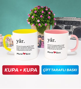 İkili Yâr Sevgililer Günü Hediyesi Kupa Bardak Sarı Pembe