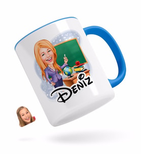 BK Gift Kişiye Özel Kadın Öğretmen Karikatürlü Mavi Kupa Bardak-1