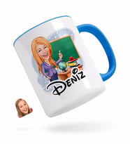 BK Gift Kişiye Özel Kadın Öğretmen Karikatürlü Mavi Kupa Bardak-1