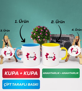 İkili Mavi Sarı İsme Özel Sevgililer Günü Hediyesi Kupa Bardak Anahtarlık